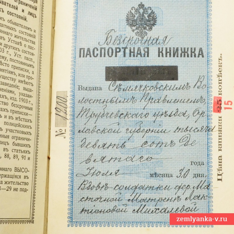 Паспортная книжка на имя М. Михалевой, 1909 г.