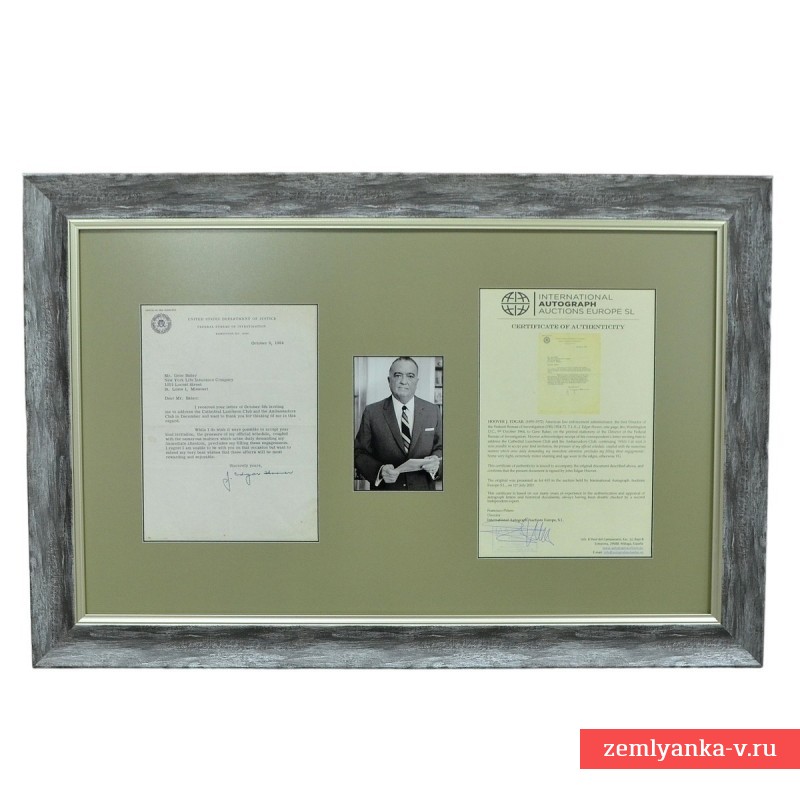 Письмо с автографом основателя ФБР Дж.Э.Гувера на бланке ФБР