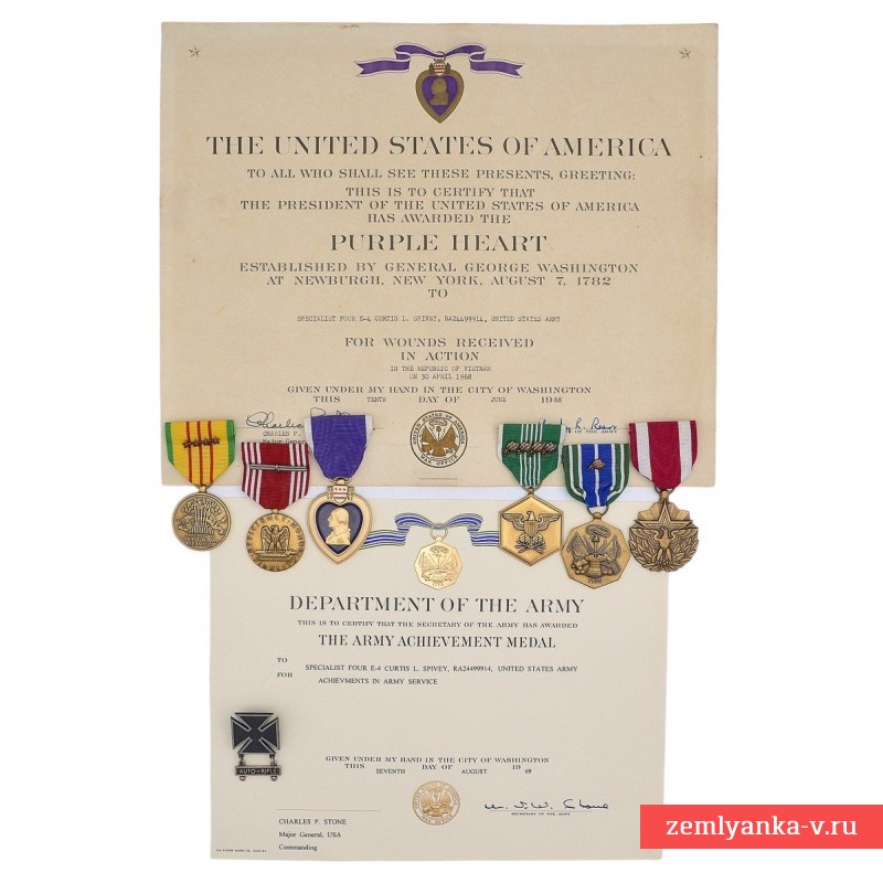 Комплект документов и наград ветерана Вьетнамской войны К. Спиви